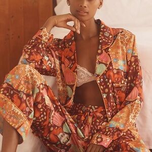 Printed Satin Pajama Set in Rust Multi - Women Intimates & Sleepwear